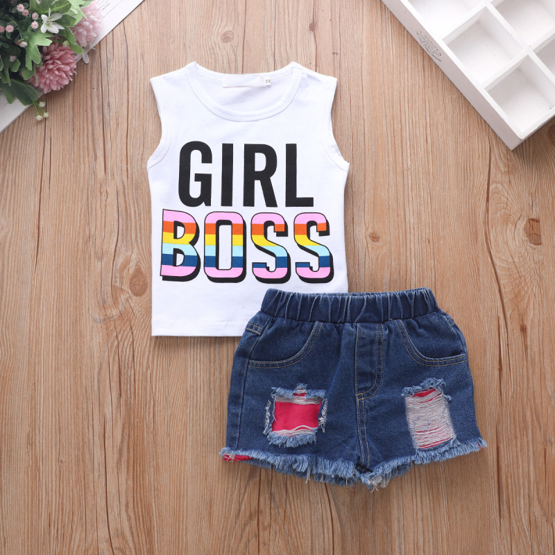 Baby Girl Summer Outfit Cotton White Girl Printed Tank Top Distressed Patched Denim shorts Kid Girl Sleeveless clothing Set