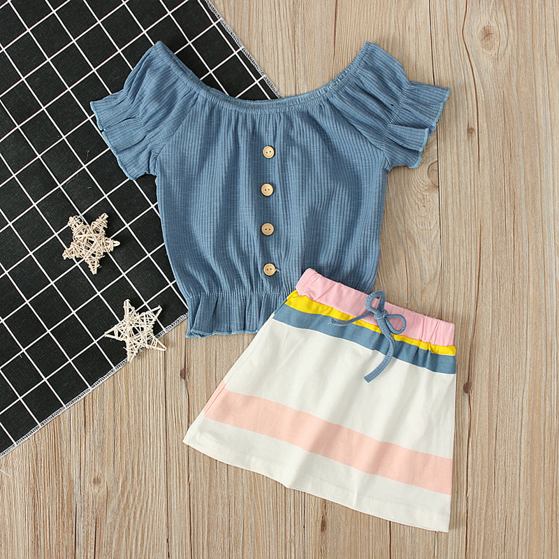 wholesale 2021 Popular Summer sweet children Print off-the-shoulder short Sleeve 2pcs baby Girl A-line band skirt clothing sets