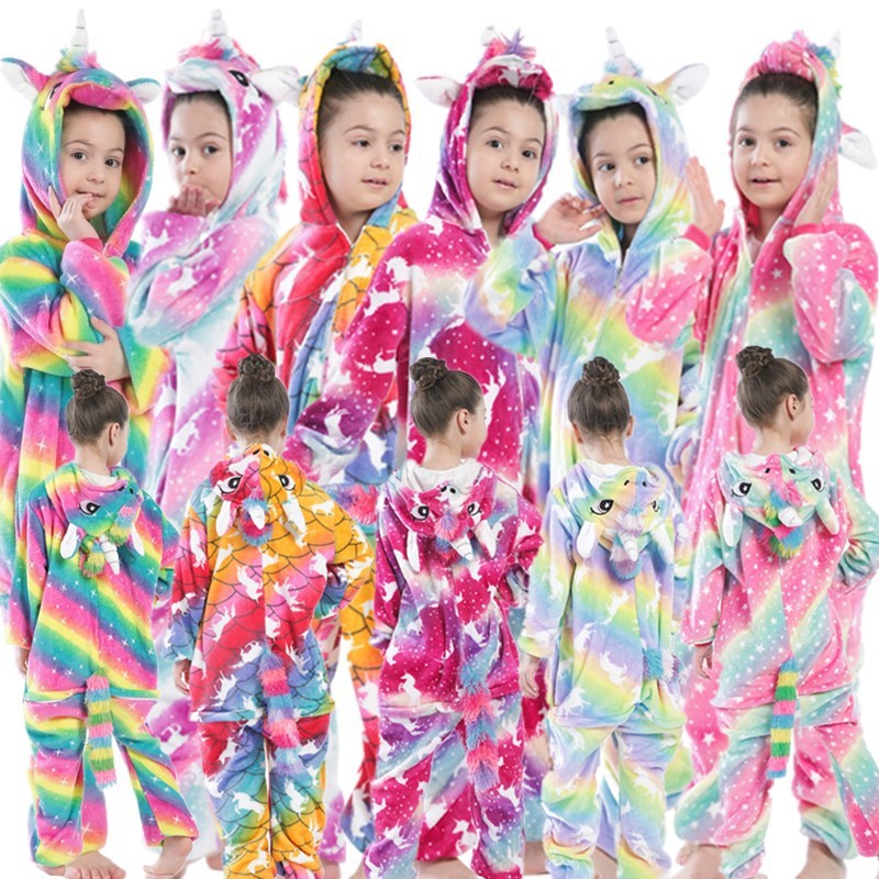 Wholesale Tie Dye  Kids Girl Jumpsuit Pyjamas Kids Cartoon Girls' Sleepwear Kids Unicorn Onesie Flannel Pajamas