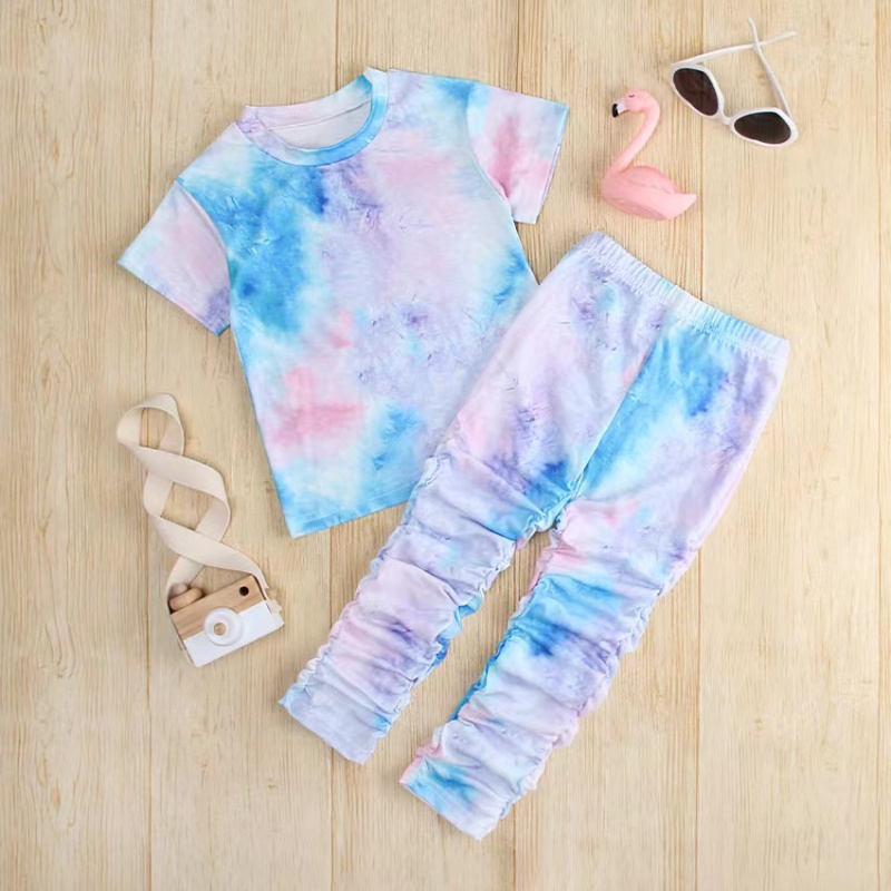Conyson Toddler Girls Summer Short Sleeve Colorful Trendy fashion tie dye short sleeve t shirt stacked legging set