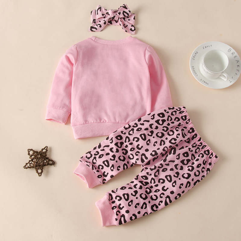 Casual Fashion Solid Color Letter Round Neck Girls Leopard Clothing Kids 3 Piece Little Girl Outfit Sets
