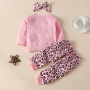 Casual Fashion Solid Color Letter Round Neck Girls Leopard Clothing Kids 3 Piece Little Girl Outfit Sets
