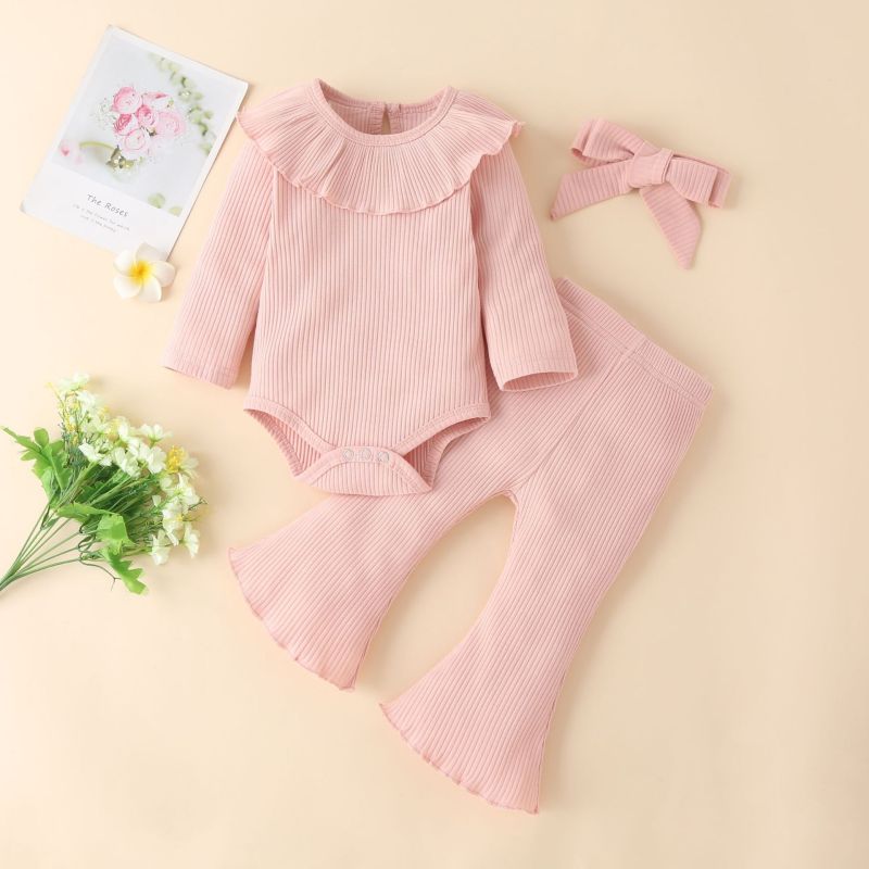 New Fashion Flared Pants Three-piece Baby clothes Girls Jumpsuit Casual Wear Solid Color Top Baby Headband Baby Romper Set