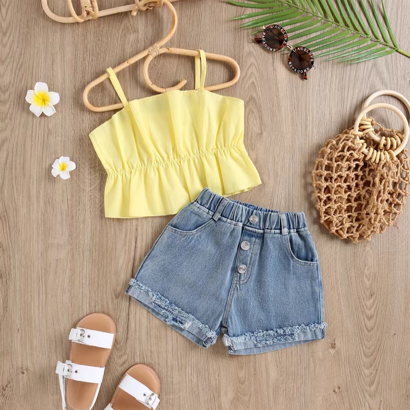 Conyson New Summer Girl's Jacquard Short Sleeve Shirts + Jean Shorts 2Pcs Princess Baby Girl Clothes Sets
