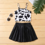 Conyson Wholesale Summer Sleeveless Printing Vest Top+PU Skirts Kids Girls Casual Fashion 2pcs Outfits