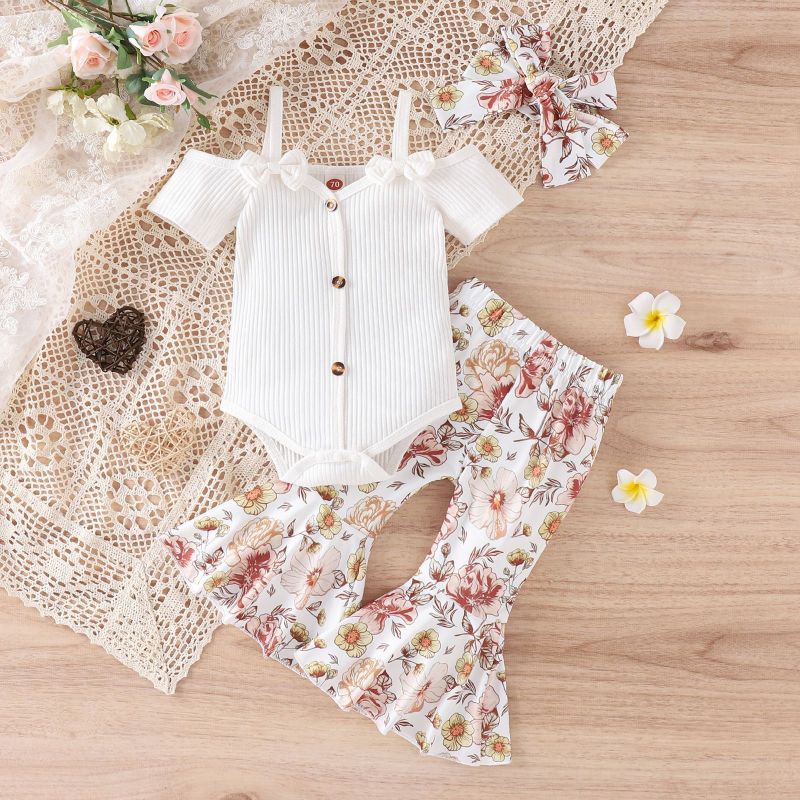 Conyson Hot Sale Spanish Newborn Organic Short-Sleeved Stripe Print Flower Baby Girl Ruffle Bow Jumpsuit 3 Pieces Baby Romper