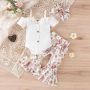 Conyson Hot Sale Spanish Newborn Organic Short-Sleeved Stripe Print Flower Baby Girl Ruffle Bow Jumpsuit 3 Pieces Baby Romper