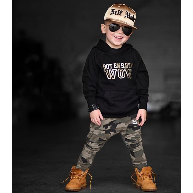 Long Sleeve Black Letters Childrens Onesie Mop Hooded Sweater Pants Two Piece Suit Boys Clothing Sets