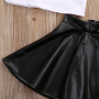Wholesale Short Sleeve Pu Leather Skirt Korean Child Girls Summer 2Pcs Clothes Kids Clothing Set