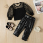 Conyson Casual Kids Girl Clothes Mesh Sweater Leather Pants Outfits Dot Print Long Puff Sleeved Top PU Trousers 2pcs Girls Sets