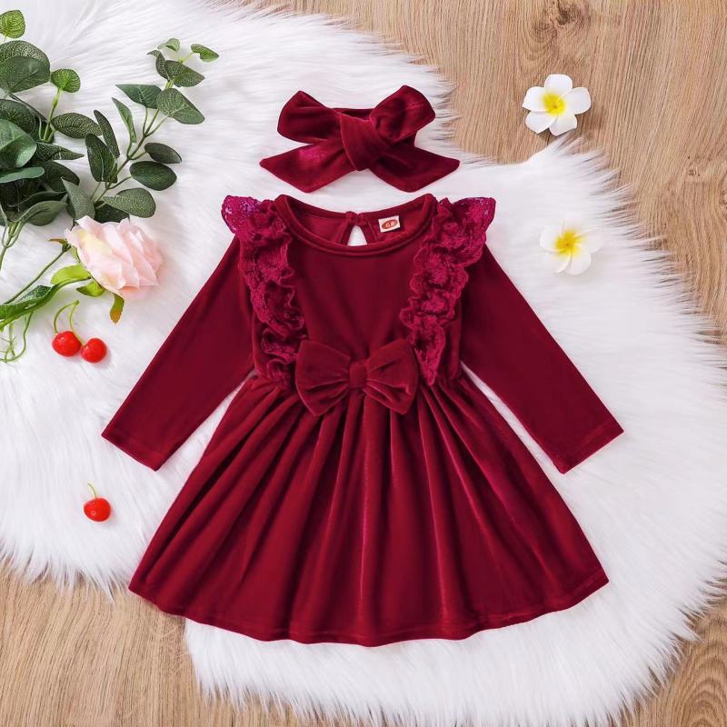 Conyson Princess Dress  England Style Children Skirt Hairband 2 Piece Double Ruffle Lovely Party Velvet Kids Dresses
