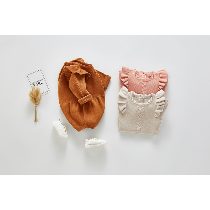 Clothing Long Sleeve Knitted Ruffle Sleeve Cotton Rompers Baby Girls Warm Clothes Long Sleeves Winter Ruffles Romper