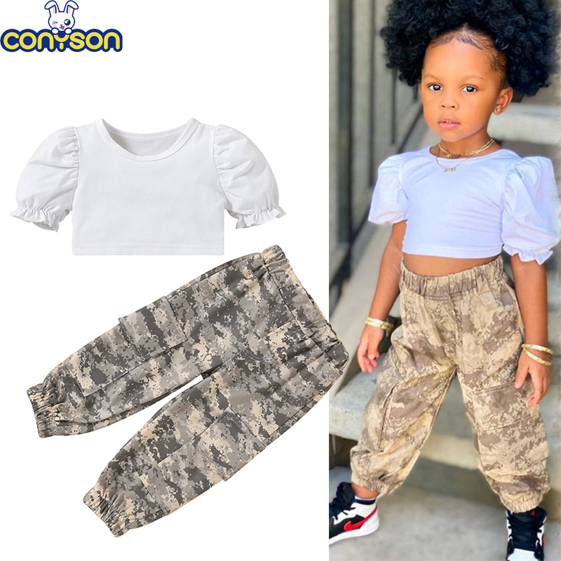 Conyson Wholesale Summer Kids Clothes Short Sleeves Ruffles Princess Fantasy Casual Tops Camouflage Print Clothing Sets Kids