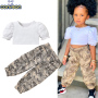 Conyson Wholesale Summer Kids Clothes Short Sleeves Ruffles Princess Fantasy Casual Tops Camouflage Print Clothing Sets Kids