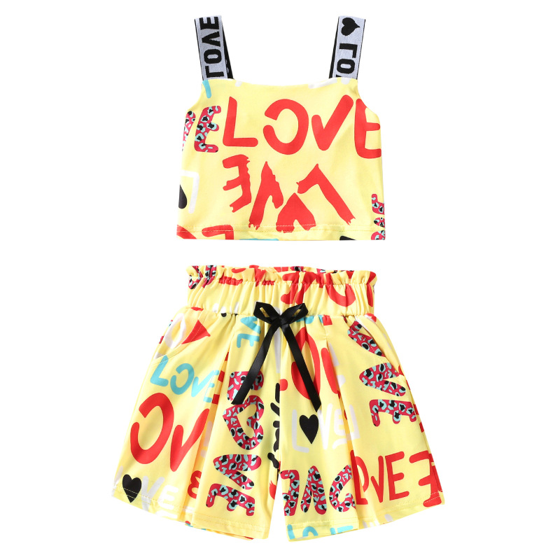 Conyson Wholesale Summer Kids Clothes Baby Little Girls Sleeveless Halter Vest Graffiti Love Letter Print Shorts Casual Outfit