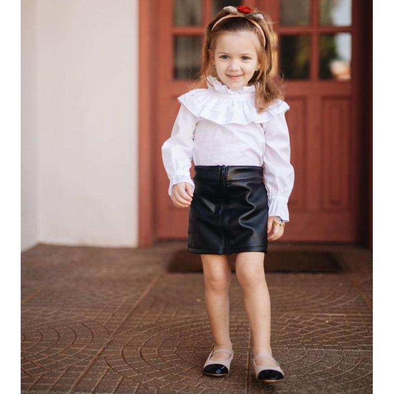 Conyson Cuter Kids Girl Skirts Sets Flower Ruffle Princess Shirts Zipper PU Skirt Two Piece Littler Girls Clothing Dress Sets