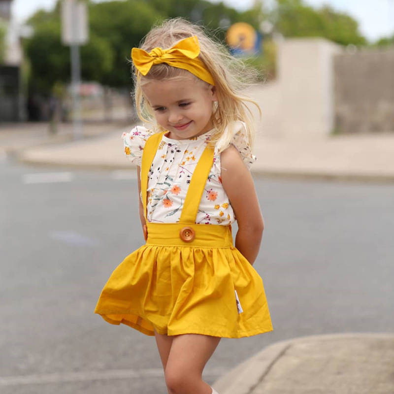 Conyson Wholesale Kids Clothing Outfits Suits Summer Baby Girl Flower Print Shirt +Yellow Skirt +Headband 3Pcs Girls Clothes Set