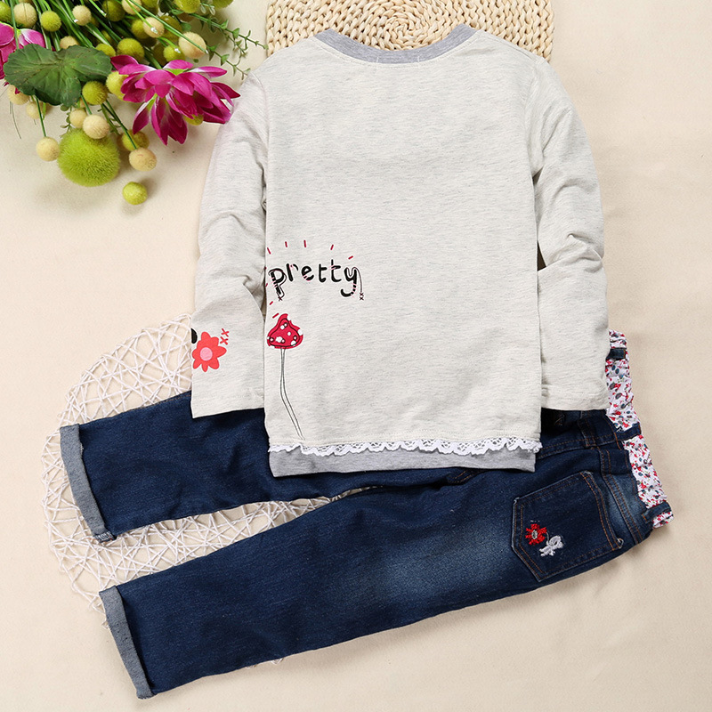 Hot sale 2021 spring autumn children casual long sleeve print sweet floral cotton tops denims baby clothes girls Clothing Set