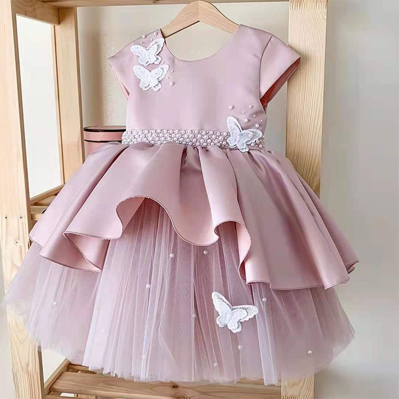 Conyson Infant Baptism 1st Birthday Party Wedding With Headband 2 Piece Tutu Pearls 3D Butterfly Layers Baby Girl Princess Dress