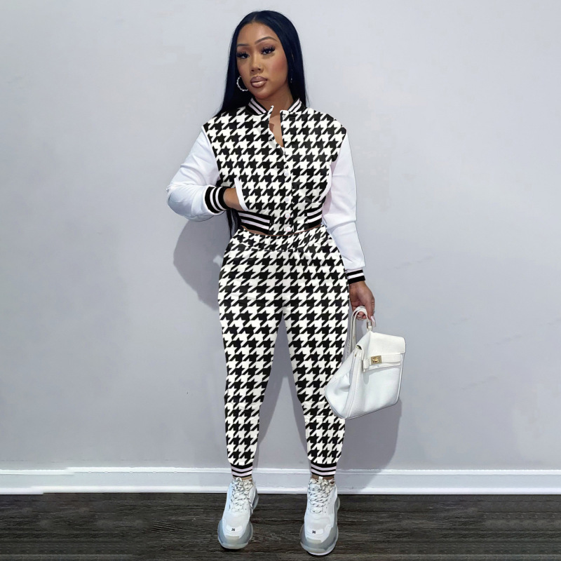 Western Style Amazon Hot Sale Autumn Sweatsuit Fashion Leisure Print Spliced Long-Sleeved Baseball Jacket 2 Pieces Women Suit