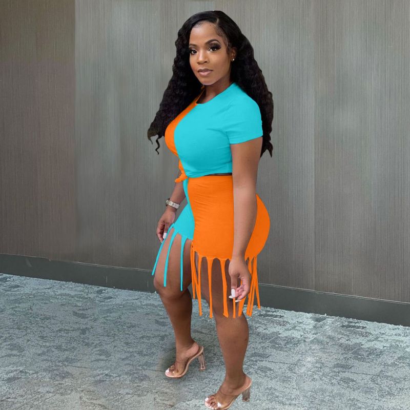 hot sale fashion summer logo made S-2XL women 2 pieces sport t-shirt tassels shorts patchwork clothing adult short clothes set
