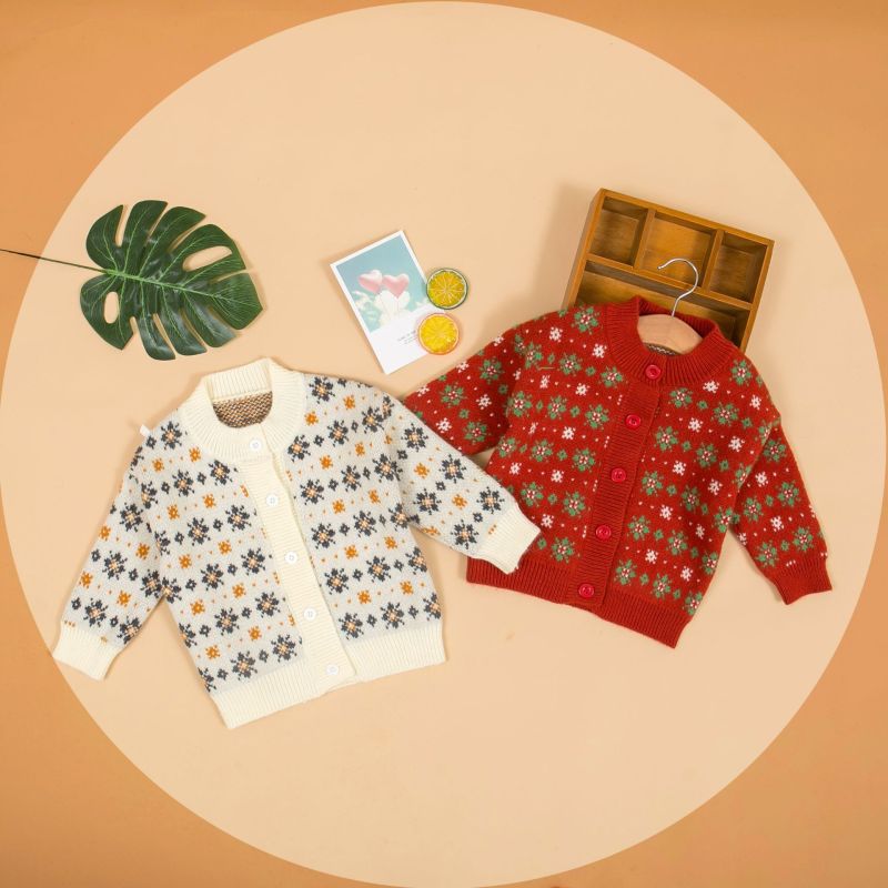 Wholesale White Red Floral Print Cute Polyester 2-9Years Knit Cardigan Sweater Kid Girl