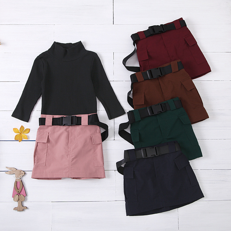 Wholesale Set 2021 autumn winter Girls pit stripe high collar Tops With pure color cargo belt short skirt children's suit