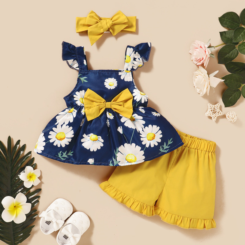 Factory Price Baby Girls Clothing Sets Cute Bowknot Baby Clothing Three-piece Sets Summer Baby Girl Clothes