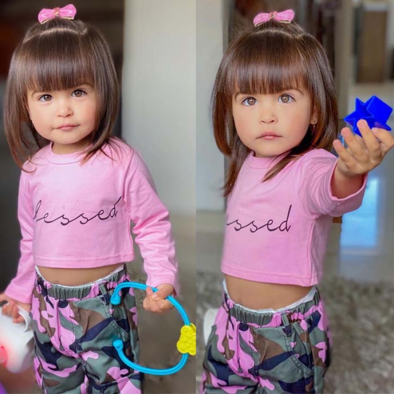 Conyson Pink Black Letter Long Sleeve Pullover Crop Tops Camouflage Print Pants Long Trousers Baby Girls Two-piece Outfits