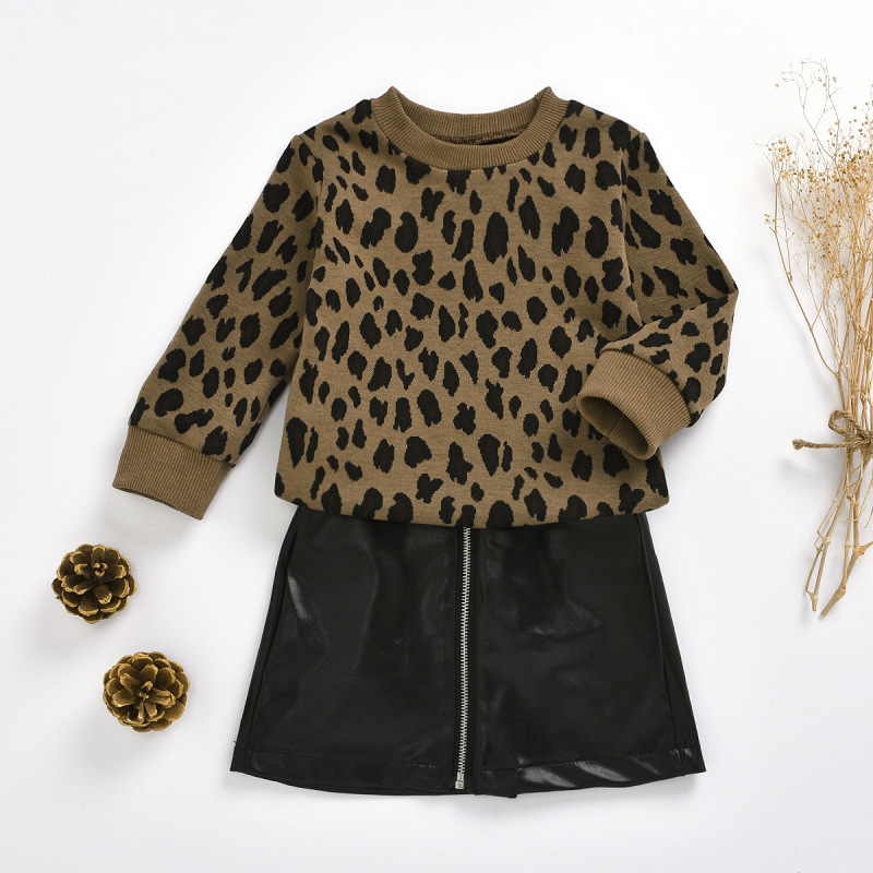 Conyson Spring Leopard Pullover PU Skirt Suits Set Long Sleeve Top Zipper Dresses Toddler Baby Girls Outfis 2 Pieces Sets