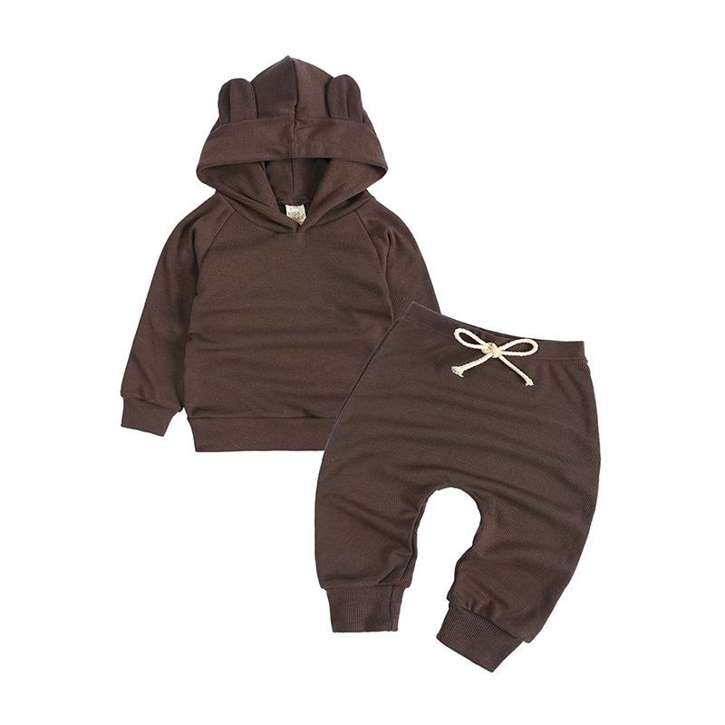 Toddler Outfits Solid Knitted Boy Long Sleeve Hooded  Infant Bodysuits Tops+Elastic Waist Pants Casual Baby Clothes Sets