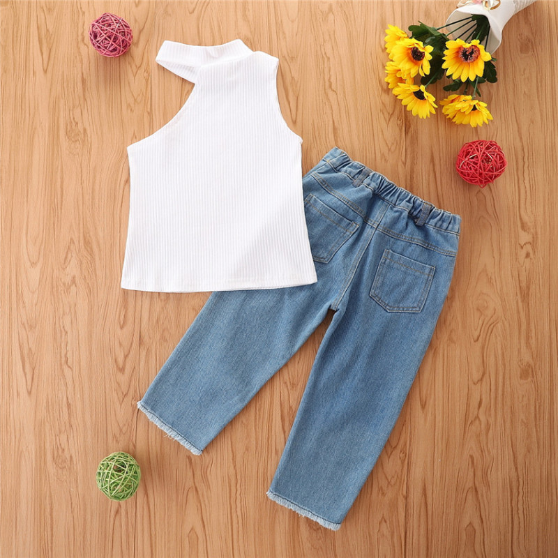 Conyson Wholesale Kids Clothes Fashion Summer Kids Girls Clothes Sets 2pcs Off Shoulder Halter Solid Tops Hole Blue Denim Pants