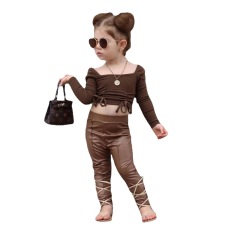 Conyson Wholesale Cotton Stationary New Children long sleeves Crop Top Outfit Square Collar Summer Boutique 2 pieces Girls Set