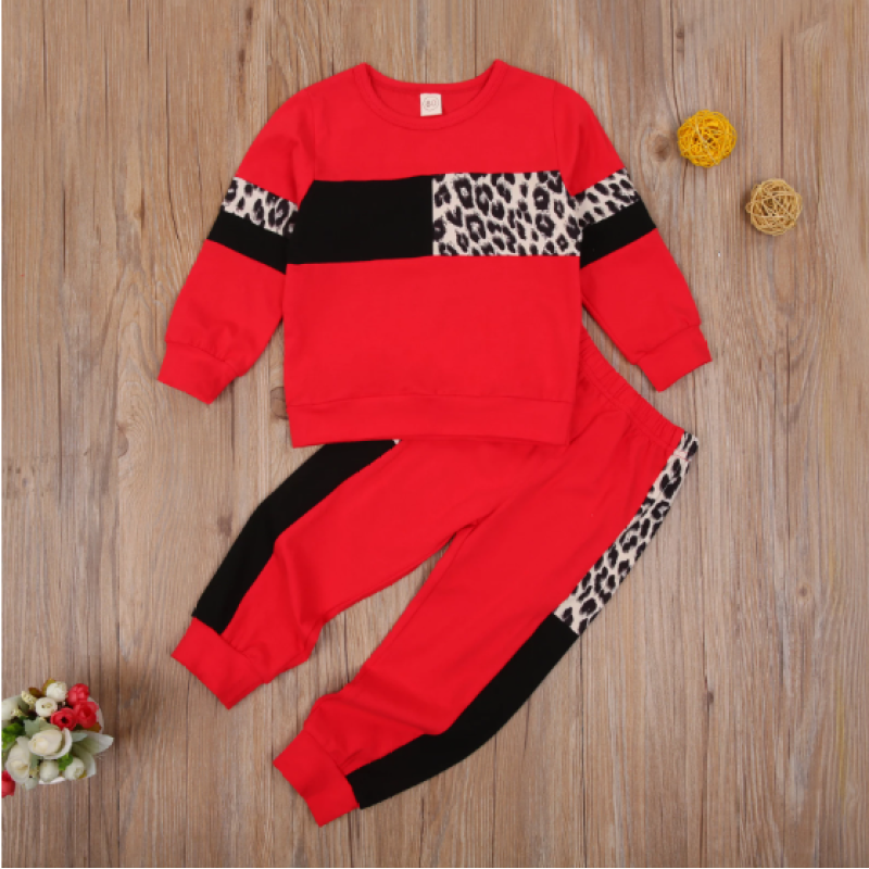Conyson Patchwork Leopard Two Piece Baby Girl Clothes Long Sleeve Round Neck Top Elastic Head Long Pants Kids Sportswear Suit