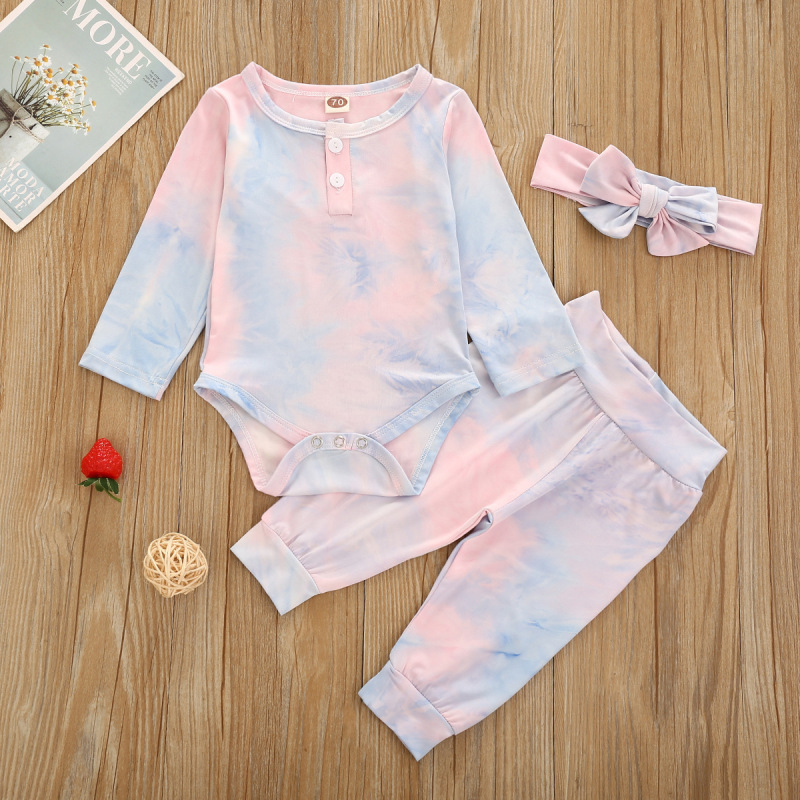 2021 New Winter three-piece tie-dyed Newborn Baby Girl Clothes  Romper Jumpsuit +headband