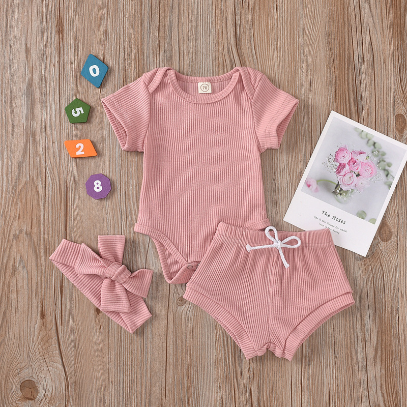 Conyson Hot Sale New Designer Baby Girls Clothes Outfits Cotton Summer Kids Short Sleeve T-Shirts+Shorts+Headband Clothing Set