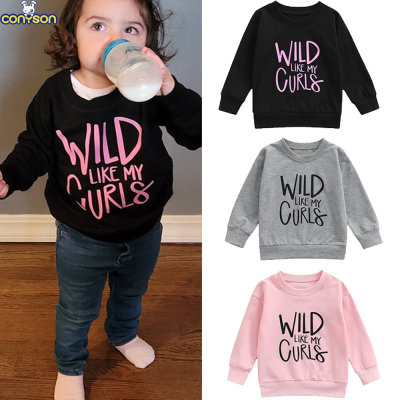 Conyson Wholesale Spring Infant Kids Girls Tops Clothes Baby Letter Print Long Sleeve Pullover Cotton Custom Sweatshirt for Kids