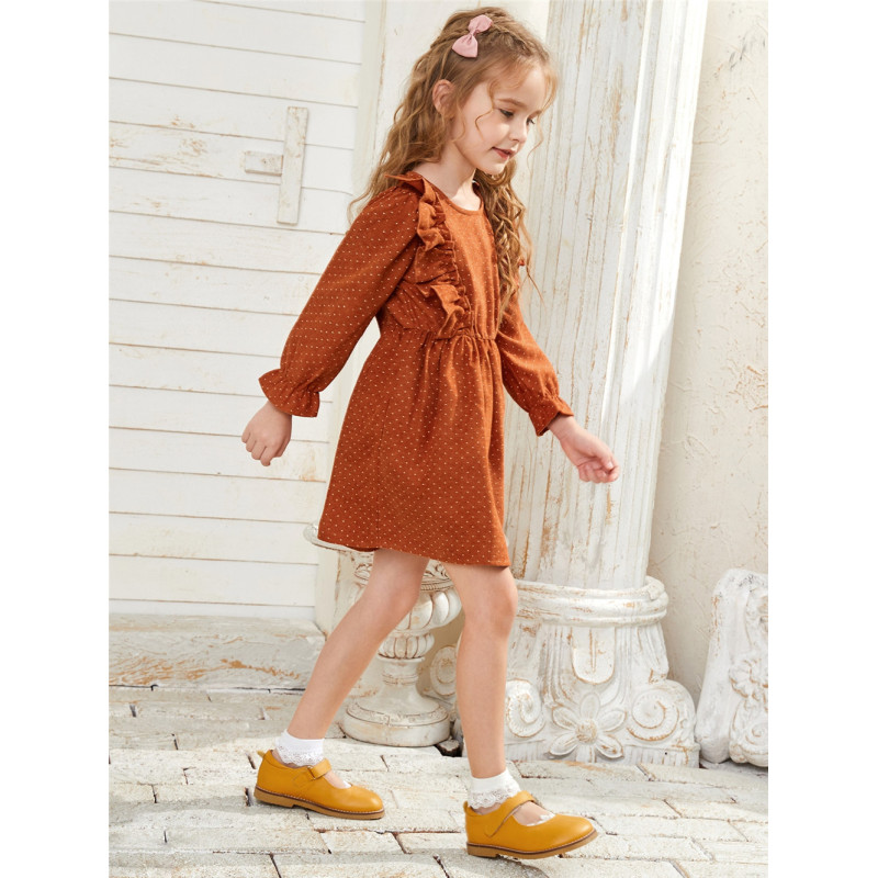 Conyson Wholesale New Kids Clothes Casual Minimalist Style Solid Linen Lace Summer Girls Clothing Ruffles Dot Little Girls Dress