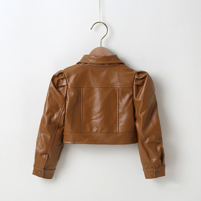 New Fashion Kids Girl Puffed Sleeve Brown Cute Black Short Pu Leather Children's Casual Handsome Motorcycle Wear Jacket