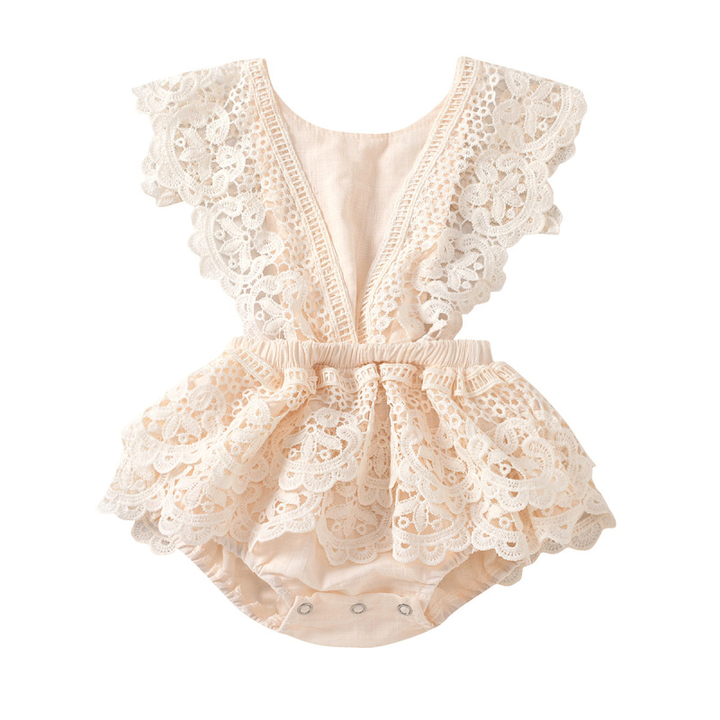 Summer Newborn Solid Color Halter Infant Baby Girls Romper Beige Color Lace Romper Baby Clothes
