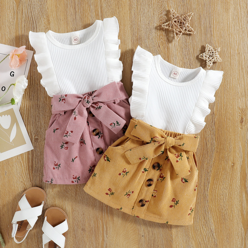 Conyson Girls new infant pit fly sleeve floral corduroy  two-piece skirt Lovely Kid Baby Girls Cotton Boutique Suit Outfits