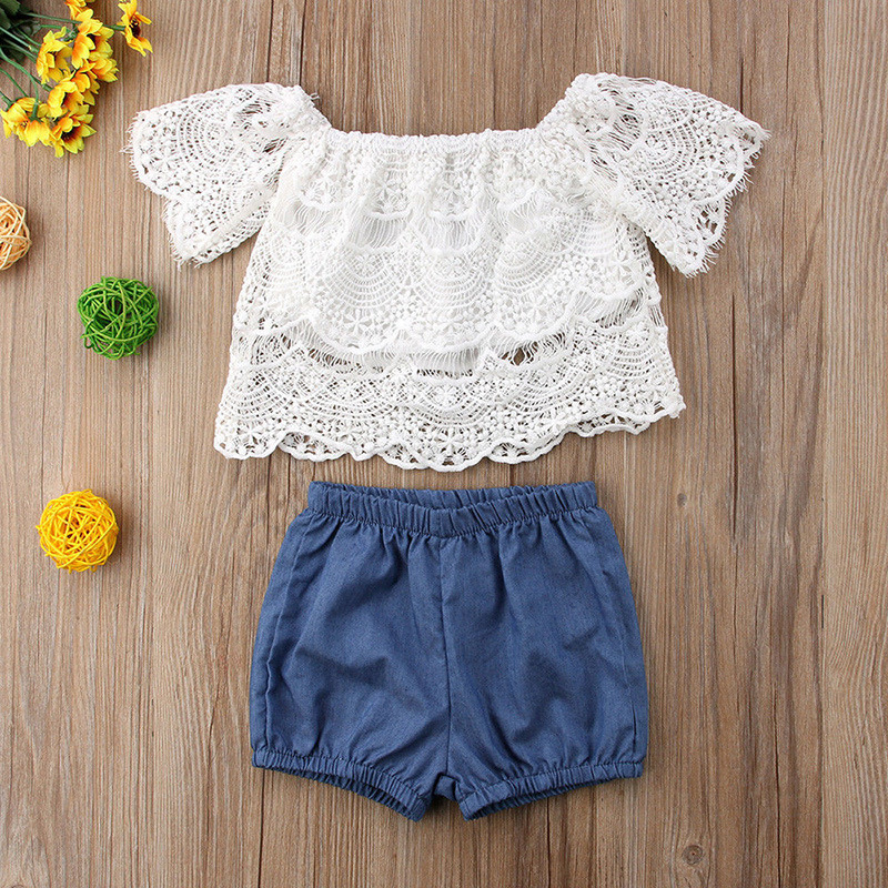 Conyson Wholesale Fashion Summer Children's Girls Clothes Suits Lace High Waist Top Denim Shorts Skirts 3 Pieces Elegance Sets