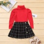 Autumn Fashion Kids Girls Clothes Sets 2pcs Solid Knit Long Sleeve Turtleneck Sweater Tops Plaid Skirts