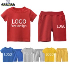Conyson Summer Boys 100% Cotton Plain Solid Color Shorts Sets Custom Logo Printing Shorts And Shirt Set Kids Clothing