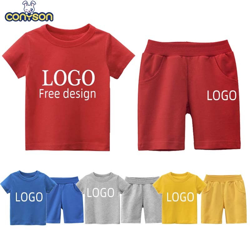 Conyson Summer Boys 100% Cotton Plain Solid Color Shorts Sets Custom Logo Printing Shorts And Shirt Set Kids Clothing