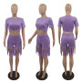 popular fashion summer logo Customized S-5XL women two pieces sport t-shirt tassels shorts suit clothing adult short clothes set