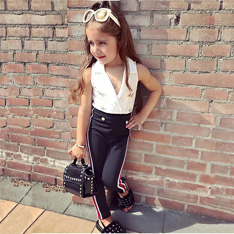 Conyson INS hot fashion boutique style Baby Girl summer children sleeveless BUTTON stripe clothes casual Suit kid clothing Set
