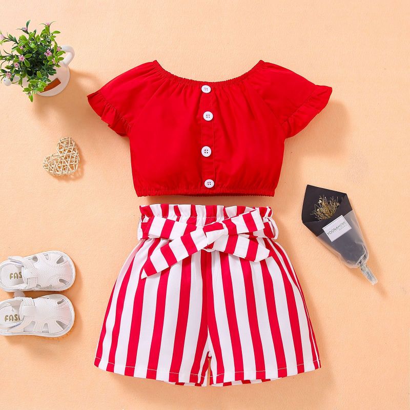Conyson Wholesale New Arrivals Summer Kids Cute T-shirt And Striped Shorts 2Pcs Pants Little Girls' Clothing Sets