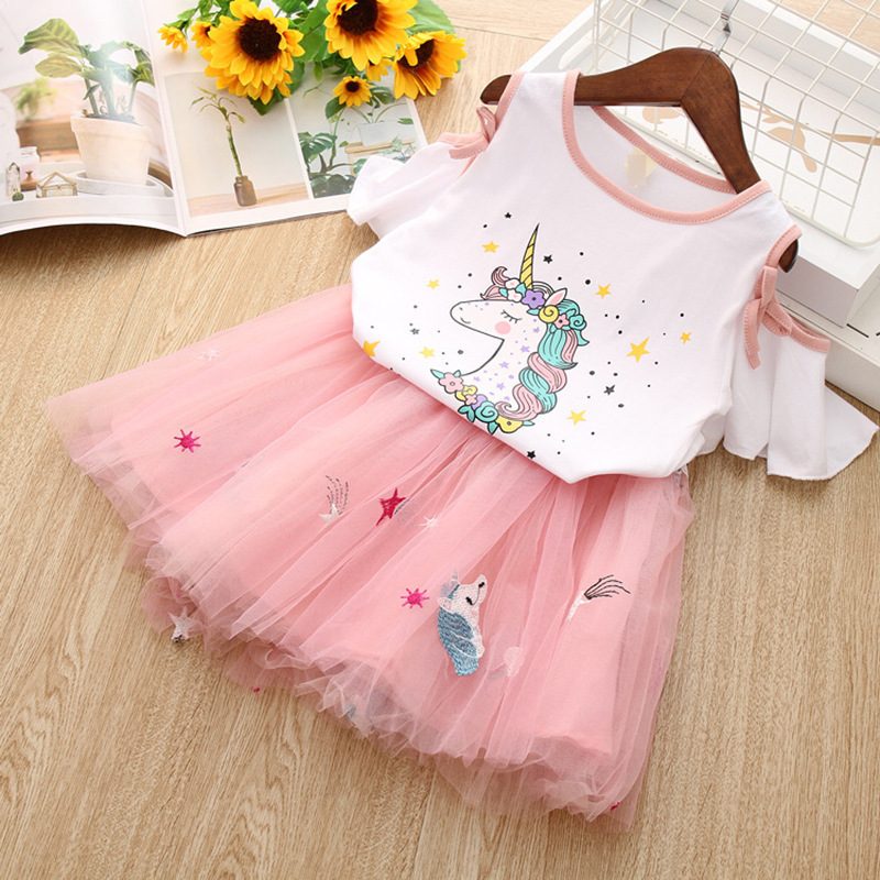 Pink Hot Sale Unicorn Skirt Fall Wholesale Baby Girls Children Boutique Off Shoulder Casual Summer Kids Clothing Princess Dress