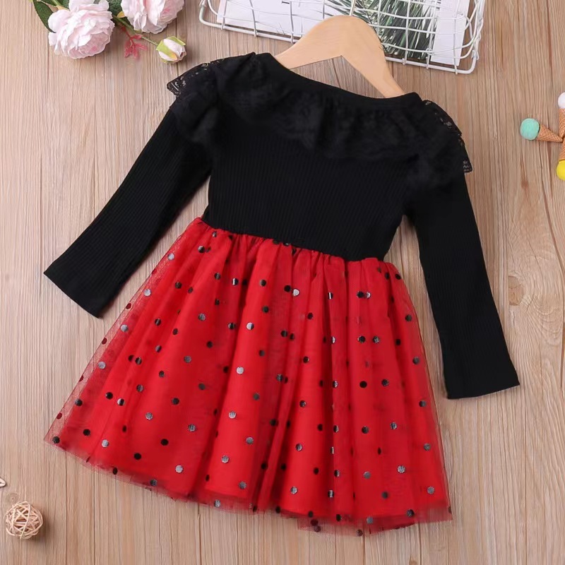 Conyson Stock Lots Spring Autumn Casual Style O-neck Long Sleeve 95% Cotton Soft DOT Lace Binding Baby Clothes Girl Dresses
